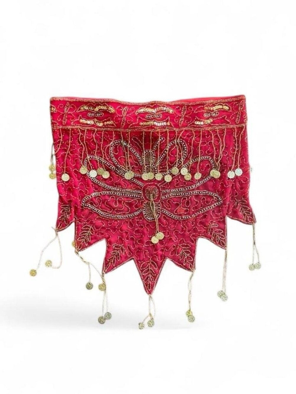 Vintage Red & Gold Beaded Belly Dance Hip Scarf – Gold Coin Festival Wrap - S